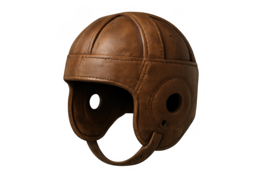 Vintage brown leather football helmet with ear protection and chin strap showing a retro sports concept, transparent background