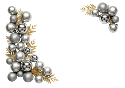 a luxurious corner arrangement of highly reflective silver and matte baubles with decorative gilded metallic branches, isolated on a transparent backdrop for copy space, high-end festive holiday