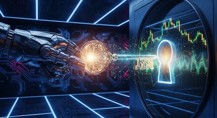 Robot hand holding key opening stock market vault access