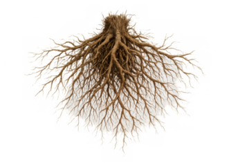 Tree roots system with soil particles showing growth and strength, isolated on a transparent background