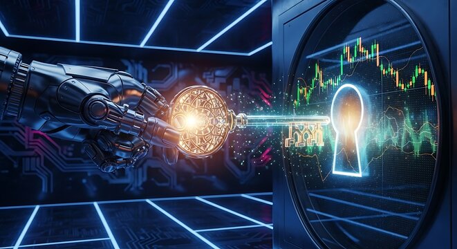 Robot hand holding key opening stock market vault access