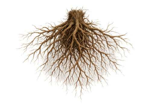 Tree roots system with soil particles showing growth and strength, isolated on a transparent background