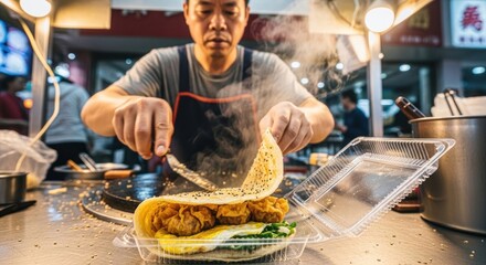 Chef preparing street food at outdoor market focus on culinary skills