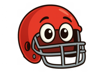 Red football helmet cartoon character with big eyes, expressing playfulness and readiness for sports competition on transparent background