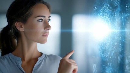 A professional woman uses a transparent virtual touchscreen, symbolizing digital transformation and smart solutions. The scene emphasizes innovation, progress, and future technology trends - Powered by Adobe