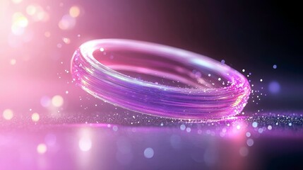 A translucent, iridescent glass ring with swirling purple and pink hues, levitating above a reflective surface. Tiny sparkling particles and soft, glowing bokeh