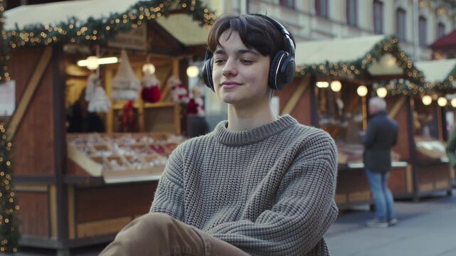 Young non-binary person or young adult sitting comfortably in a knitted sweater, happily listening to music with wireless headphones at an outdoor Christmas market with blurred festive lights