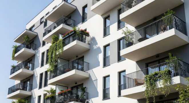 Low angle perspective of a modern residential building with a geometric facade, featuring numerous balconies with black railings and lush green plants under bright sunlight