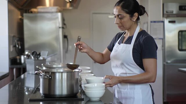  Focused mature Indian/South Asian female chef or cook in a white apron precisely ladling soup or sauce from a large stainless steel pot into small white bowls in a brightly lit