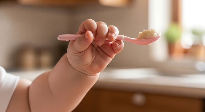 Baby's Tiny Hand Holding Spoon A Tender Moment of Feeding and Early Childhood Development