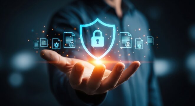 A person's hand holds a glowing virtual interface with a shield and padlock icon, representing cybersecurity, data privacy, and secure digital document management