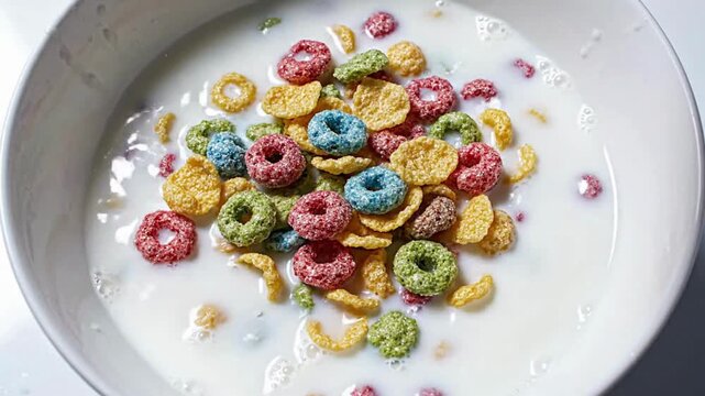 Slow Motion Colorful Cereal Falling and Splashing into Bowl of Milk.