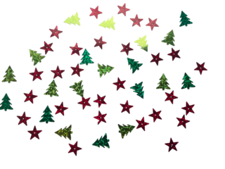 Christmas holiday confetti background with scattered glittery red stars and green trees on a neutral soft gray surface, top view with copy space.