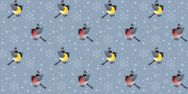 A playful seamless pattern with cute bullfinches and tits