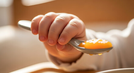 Adorable infant hand learning to self-feed with a spoon full of healthy pureed baby food, capturing a precious milestone in early childhood nutrition