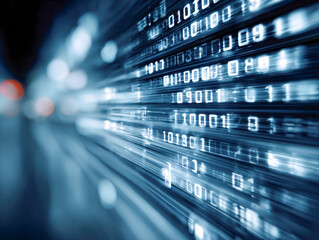 Glowing futuristic digital binary code streaming across a dark blue abstract background symbolizing data flow and high-speed information technology system connectivi