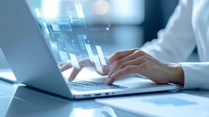 Person typing on laptop with futuristic digital interface overlay. - Powered by Adobe