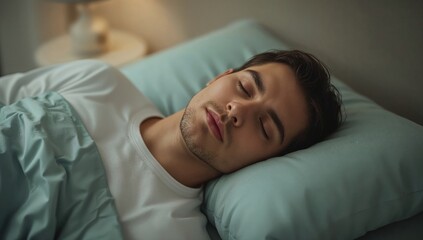 Peaceful young man sleeping comfortably in bed with relaxed expression and soft blue bedding at night