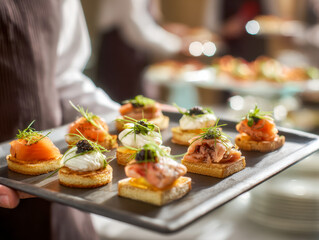Elegant tray of assorted gourmet appetizers featuring smoked salmon, cream cheese, fresh herbs, and caviar served by a waiter at a fine dining event