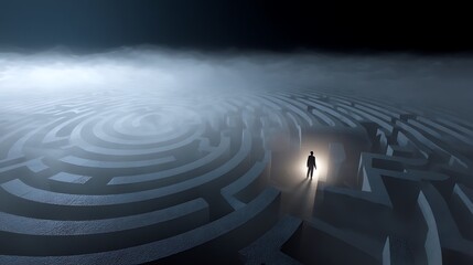 maze made of fog and light, with human shadow approaching the exit, visual metaphor for finding inner peace, fine art cinematic lighting, v7 