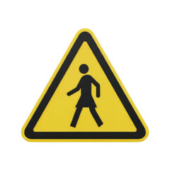 Triangular warning sign displays a pictogram representing a female pedestrian in motion