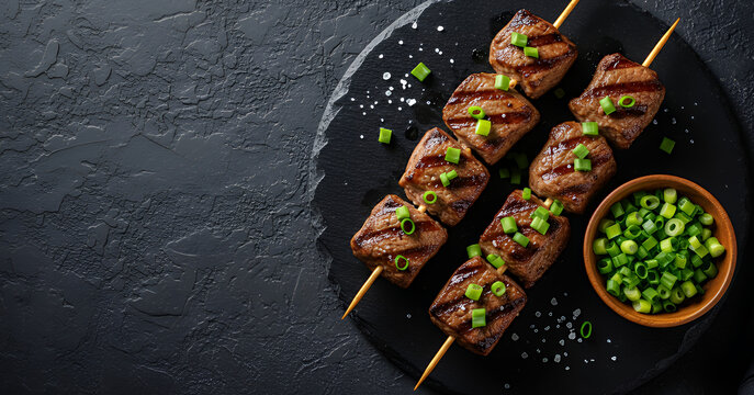 Plate of grilled meat skewers garnished with chopped scallions and coarse salt creates a rustic and flavorful presentation that highlights smoky char and tenderness.