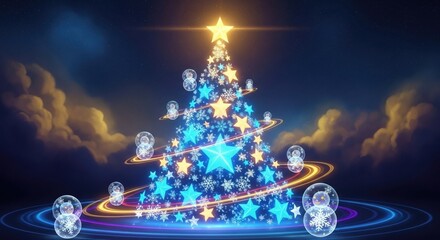 Star installation in the night Christmas sky shaped like a Christmas tree with snowmen in transparent spheres rolling on rings