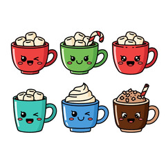 Charming collection of whimsical hot beverages with smiling faces expressing warmth and cheerfulness
