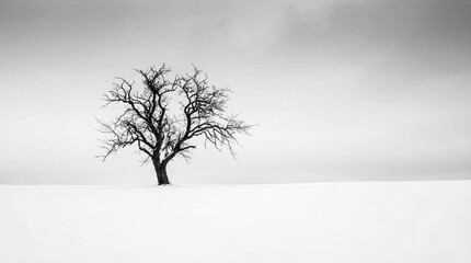 Solitary Bare Tree In Winter Snow Monochrome
