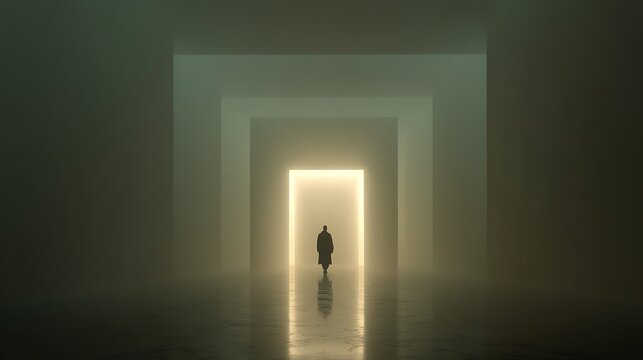 maze made of fog and light, with human shadow approaching the exit, visual metaphor for finding inner peace, fine art cinematic lighting, v7 