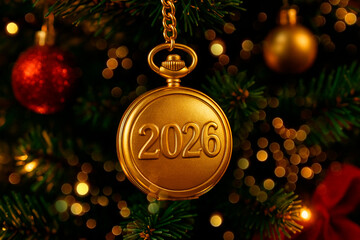 Golden pocket watch with year 2026 on Christmas tree background.