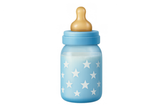 Blue baby bottle filled with milk, providing infant nourishment and care for newborns with a transparent background - Powered by Adobe