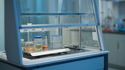 Pristine laboratory workspace inside a laminar flow cabinet with clear glass surfaces