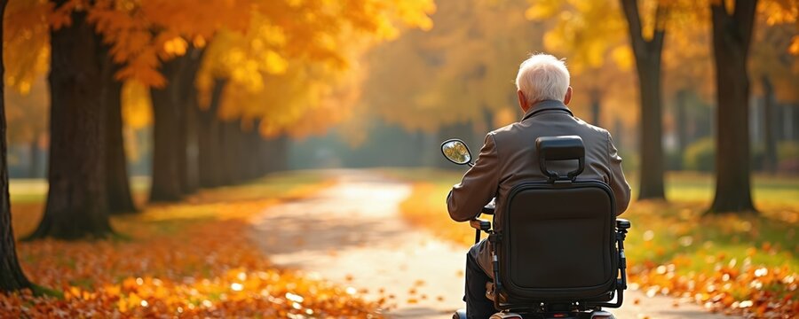 Elderly man rides mobility scooter on path in autumn park. Senior person enjoys freedom, independence driving electric wheelchair down tree alley with golden leaves. Old male with disability travels