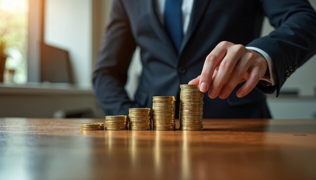 Business person in suit stacks gold coins showing financial growth. Man arranges money stacks on desk representing investment strategy planning, wealth accumulation. Concept for success, budget