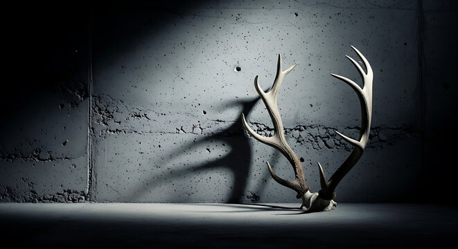 Deer Antlers Resting on a Concrete Surface in a Dark Room.