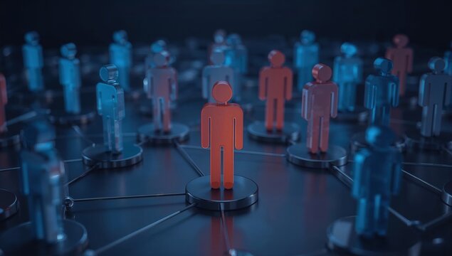 Connected human network with red and blue figures symbolizing digital communication, social media, and teamwork concepts