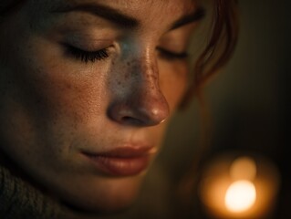 Obraz premium Woman with closed eyes and freckles, reflecting in soft candlelight, evoking peaceful introspection or deep emotion.
