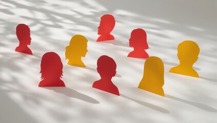 Red and yellow human silhouettes group concept with shadows on white background for diversity and teamwork themes