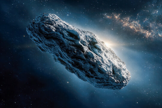 A detailed rendering of a large rocky asteroid drifting through the dark vastness of space with distant stars and a galaxy shining in the background