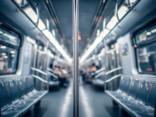 Modern train interior with sleek metallic design and blurred passengers creating a dynamic sense of movement and urban commuting atmosphere
