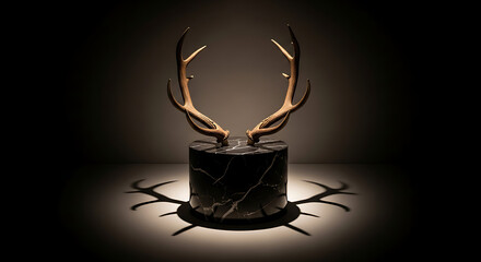 Elegant Deer Antlers Mounted on a Dark Marble Pedestal.