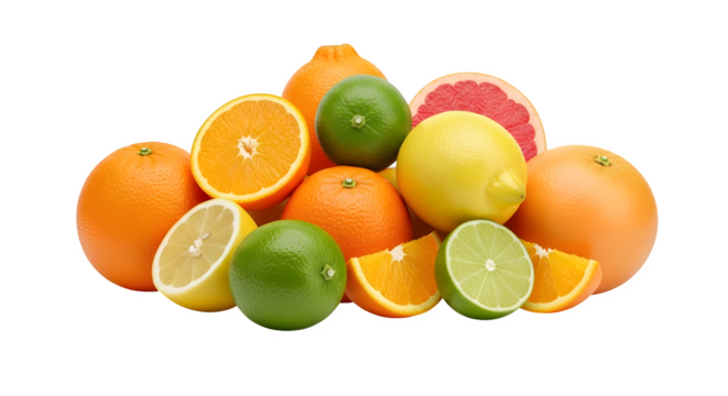Assortment of citrus fruits including oranges lemons limes and grapefruit isolated on transparent background