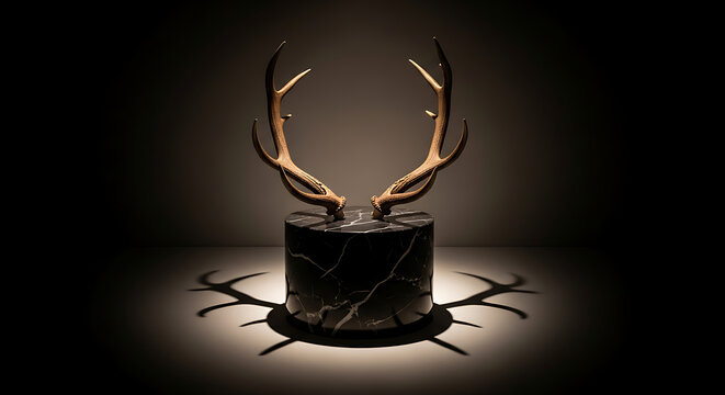 Elegant Deer Antlers Mounted on a Dark Marble Pedestal. - Powered by Adobe
