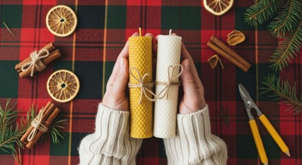 Hands in a cozy knit sweater holding two natural beeswax candles with festive holiday decorations of dried orange, cinnamon, and fir branches on a red plaid textile, top view