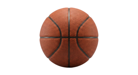 Close up of a textured orange basketball with black seams isolated on a transparent background