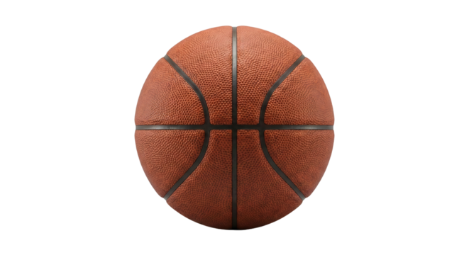 Close up of a textured orange basketball with black seams isolated on a transparent background