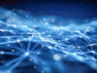 Abstract futuristic network of interconnected glowing points and threads floating over a deep blue background symbolizing digital communication and data transfer