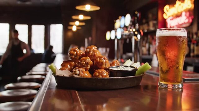 A plate of buffalo wings with celery and dip sauce