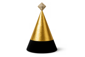 Golden and black party hat with sparkling top, celebrating birthday, new year's eve, or special event, transparent background